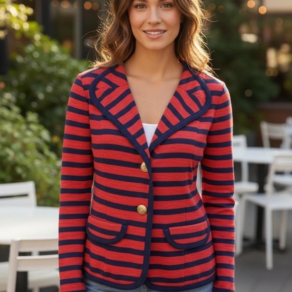 CAbi Sz M Striped Blazer Yacht Club Red Blue Gold Buttons Sweater V Neck Jacket - Picture 1 of 9
